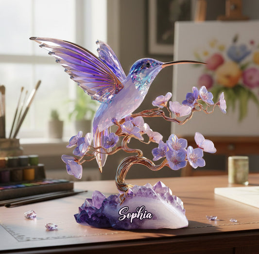 Atemberaubender Kolibri im Amethyst-Stil – personalisierte, individuell geformte Acrylplakette in Kolibriform