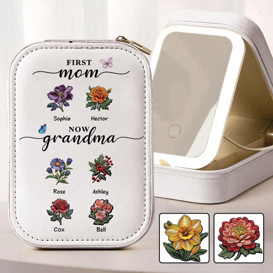 First Mom Now Grandma - Personalized Grandma Jewelry Box With LED Mirror