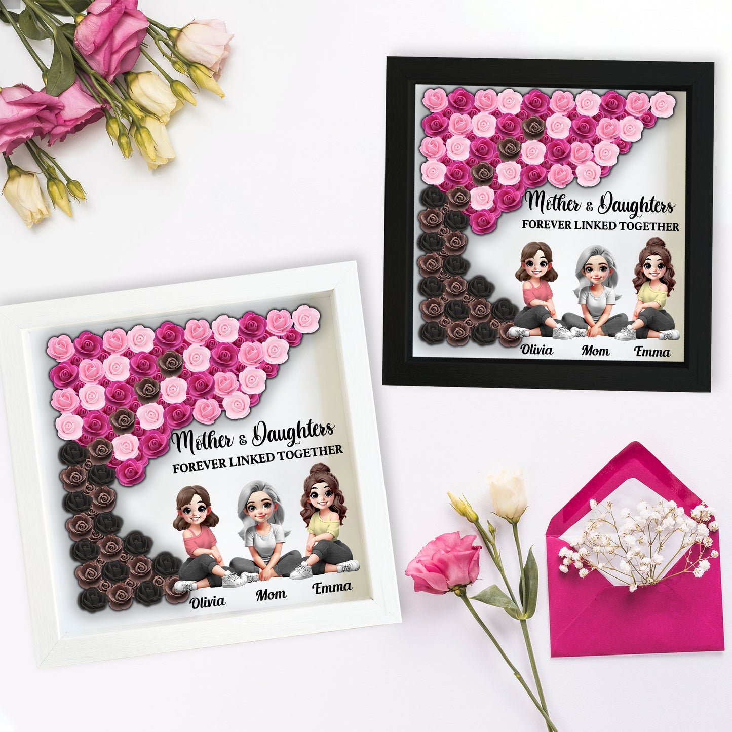 Mother and Daughter Forever Linked Together - Personalized Mother Custom Shaped Flower Shadow Box