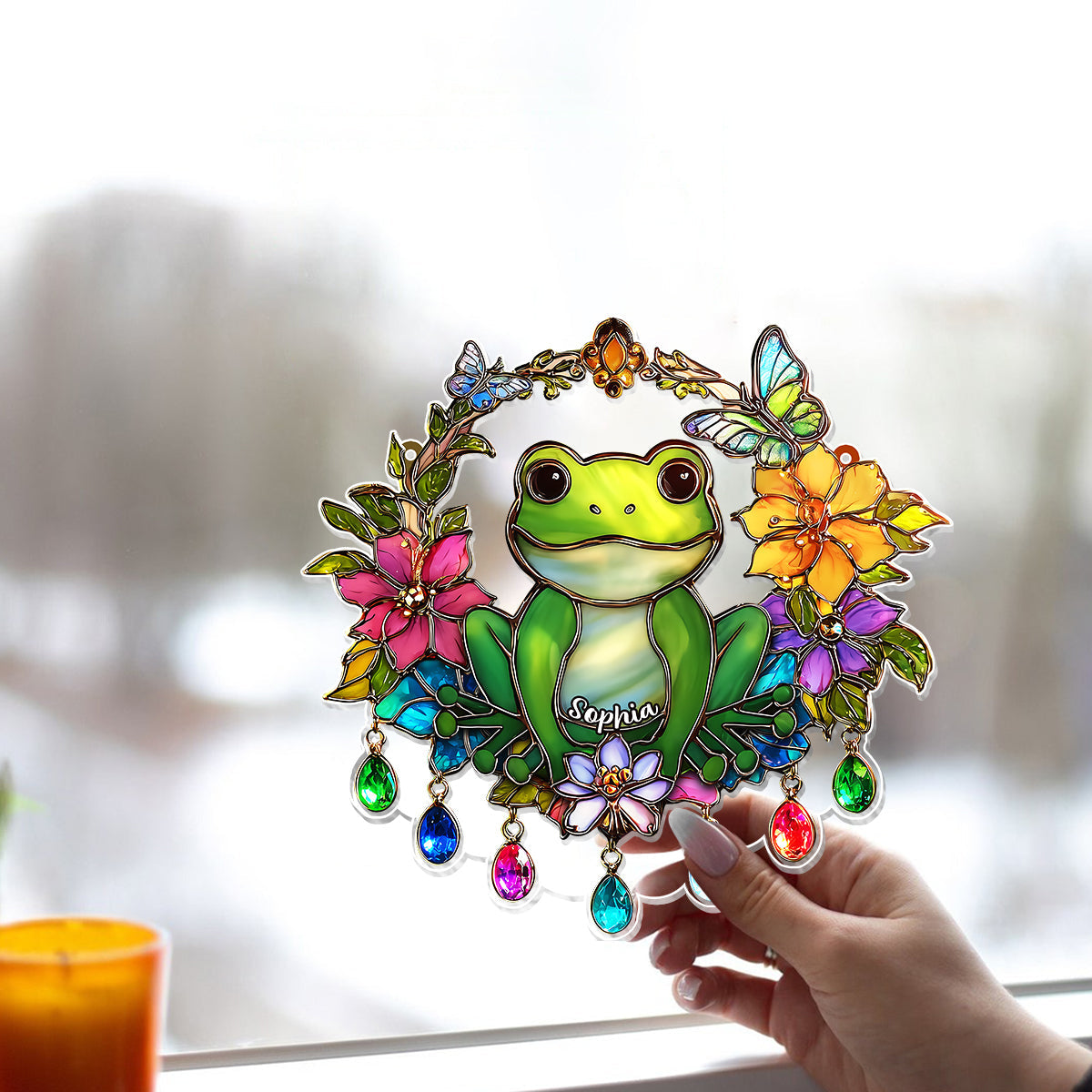 Grenouille amoureuse - Décoration attrape-soleil personnalisée en forme de grenouille à suspendre à la fenêtre 