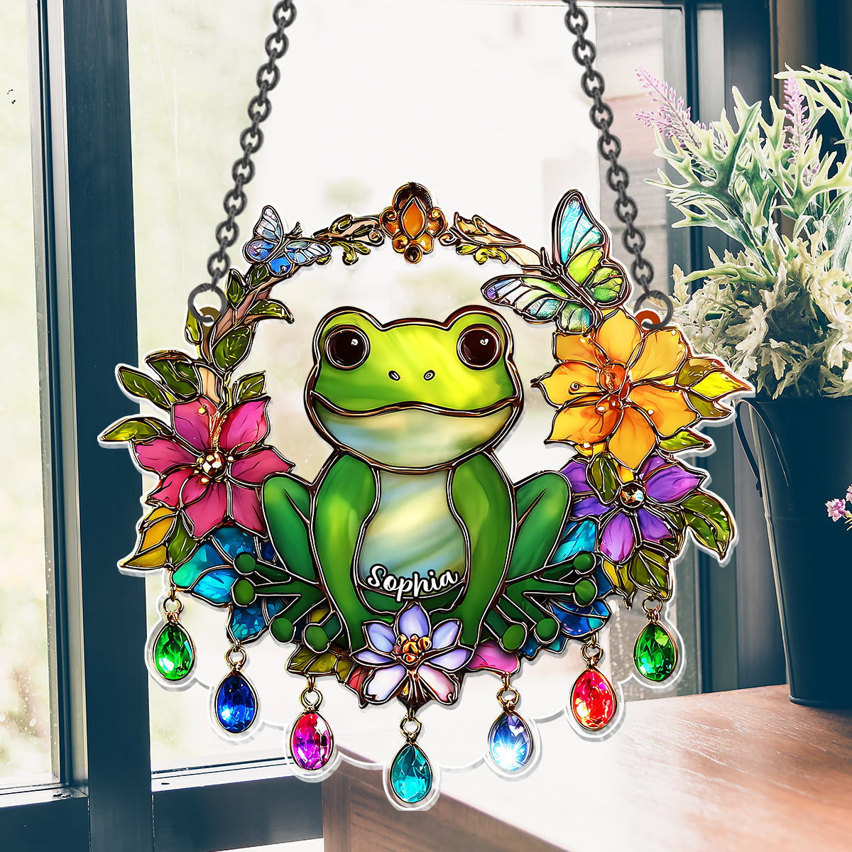 Grenouille amoureuse - Décoration attrape-soleil personnalisée en forme de grenouille à suspendre à la fenêtre 
