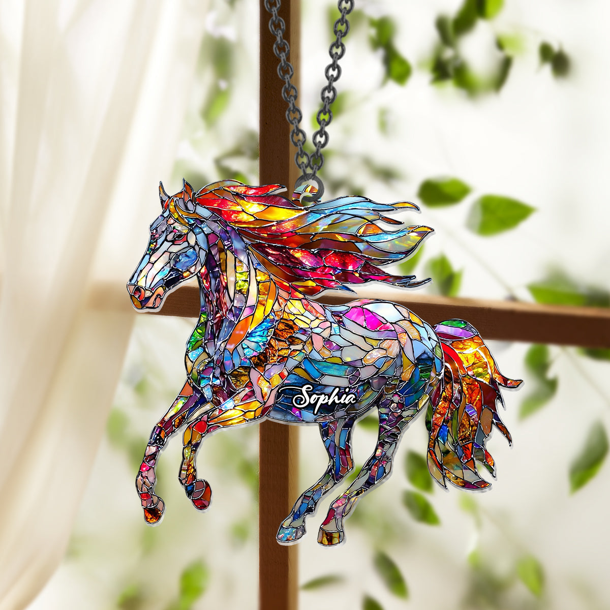 Un cheval aime la liberté - Décoration attrape-soleil personnalisée à suspendre à la fenêtre, en forme de cheval 