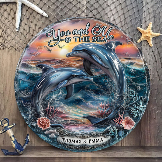 You And Me And The Sea - Personalized Dolphin Custom Shaped Wood Sign