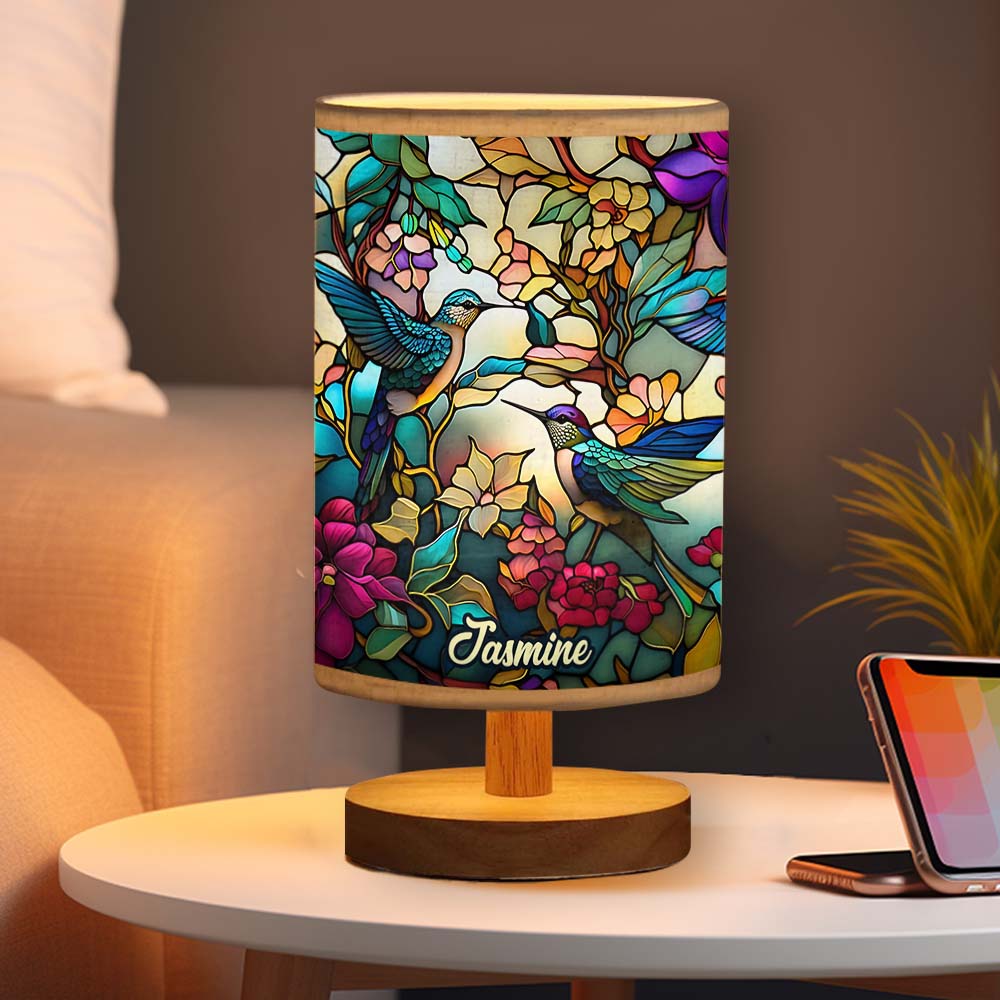 Magnifique lampe de table personnalisée Colibri avec pied en bois