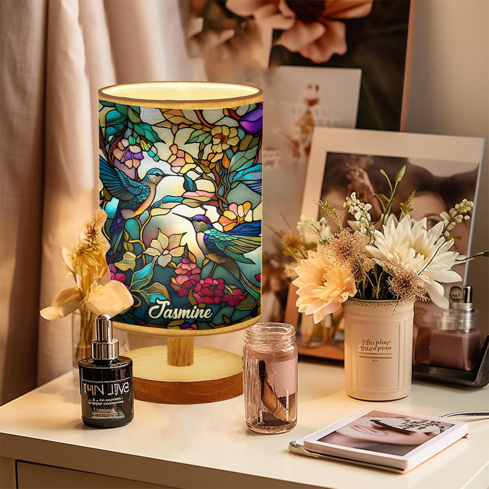Magnifique lampe de table personnalisée Colibri avec pied en bois