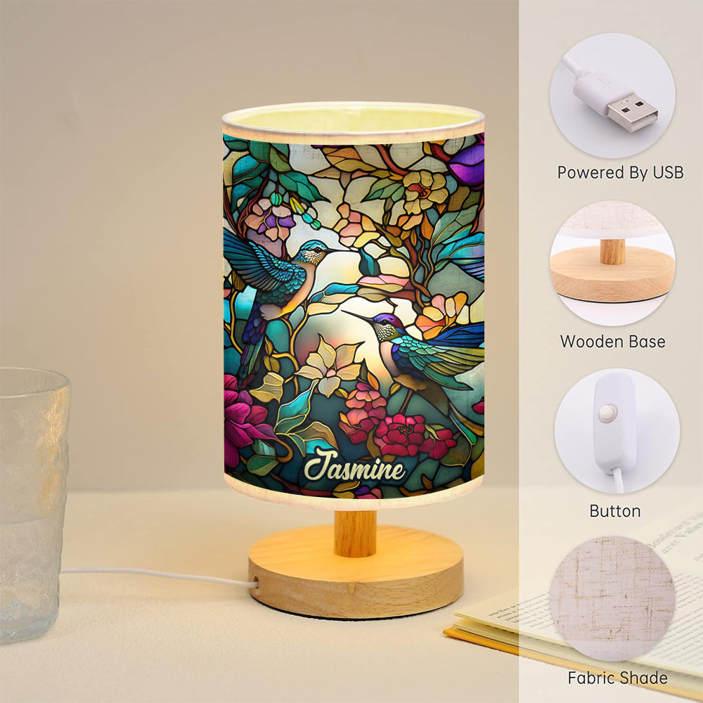 Magnifique lampe de table personnalisée Colibri avec pied en bois
