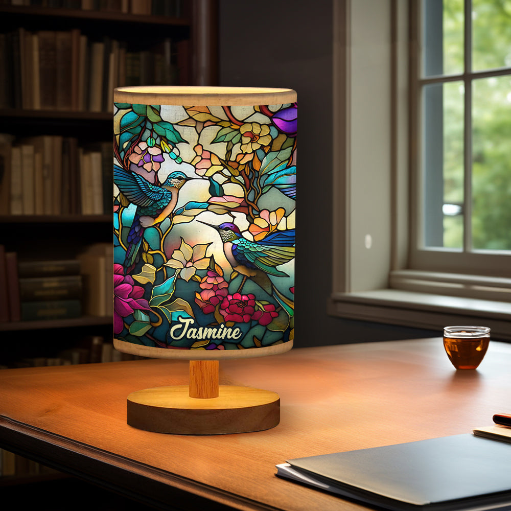 Magnifique lampe de table personnalisée Colibri avec pied en bois