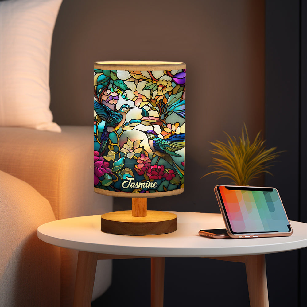 Magnifique lampe de table personnalisée Colibri avec pied en bois