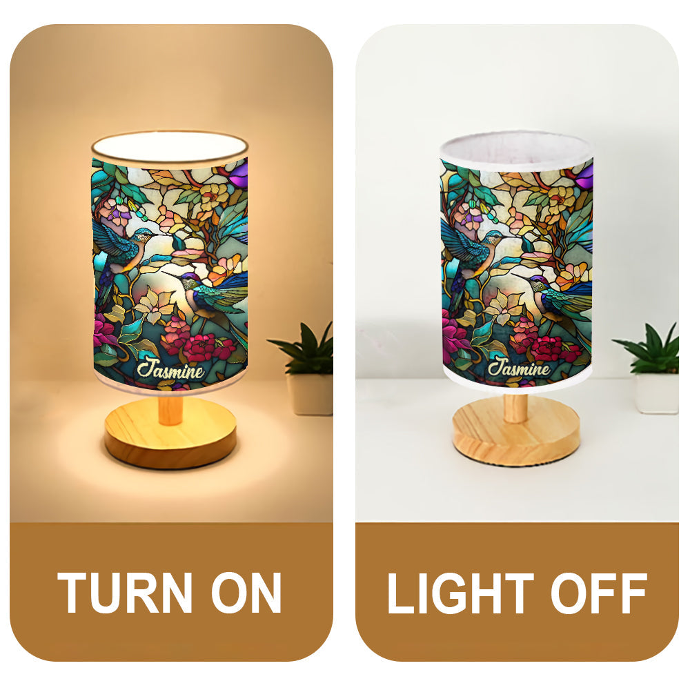 Magnifique lampe de table personnalisée Colibri avec pied en bois