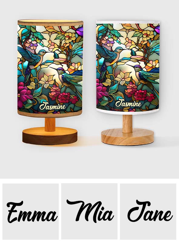 Magnifique lampe de table personnalisée Colibri avec pied en bois