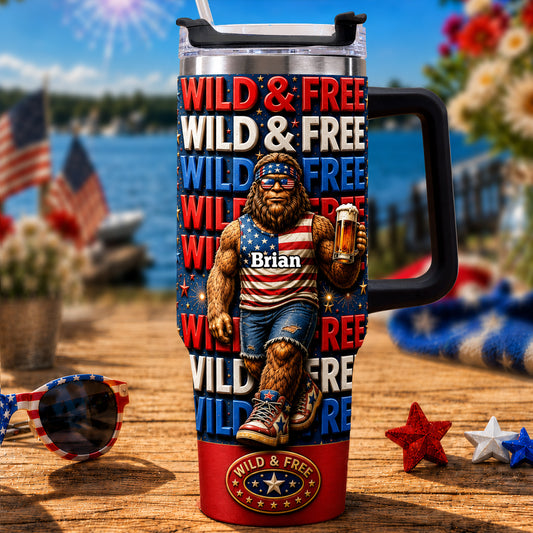 4th of July, Bigfoot Independence Day - Personalized Bigfoot Tumbler With Handle