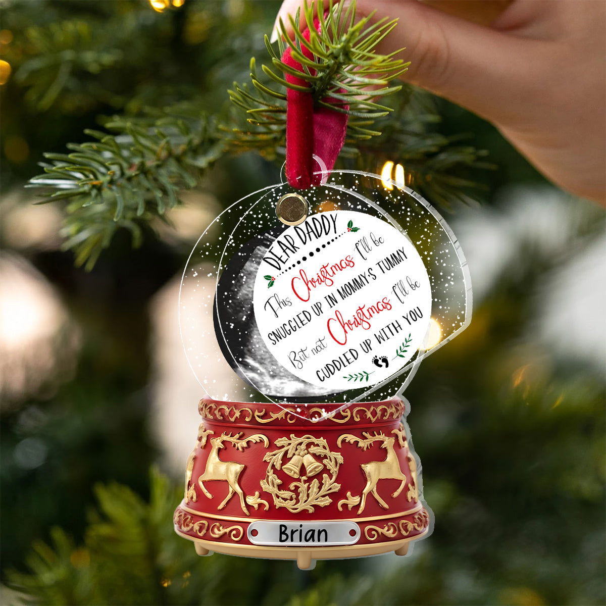 Liebe Grüße aus dem Babybauch – Das perfekte Geschenk für werdende Väter – Kristall-Schneeball-Spieluhr-Ornament – ​​Personalisierter Schwangerschafts-Wende-Ornament
