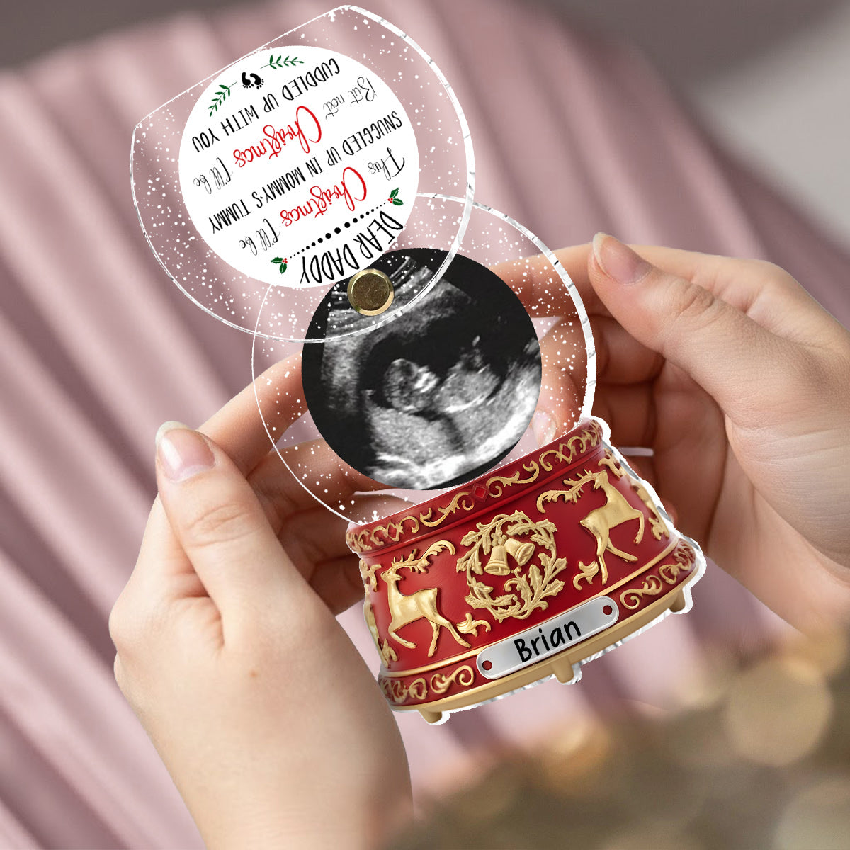 Liebe Grüße aus dem Babybauch – Das perfekte Geschenk für werdende Väter – Kristall-Schneeball-Spieluhr-Ornament – ​​Personalisierter Schwangerschafts-Wende-Ornament