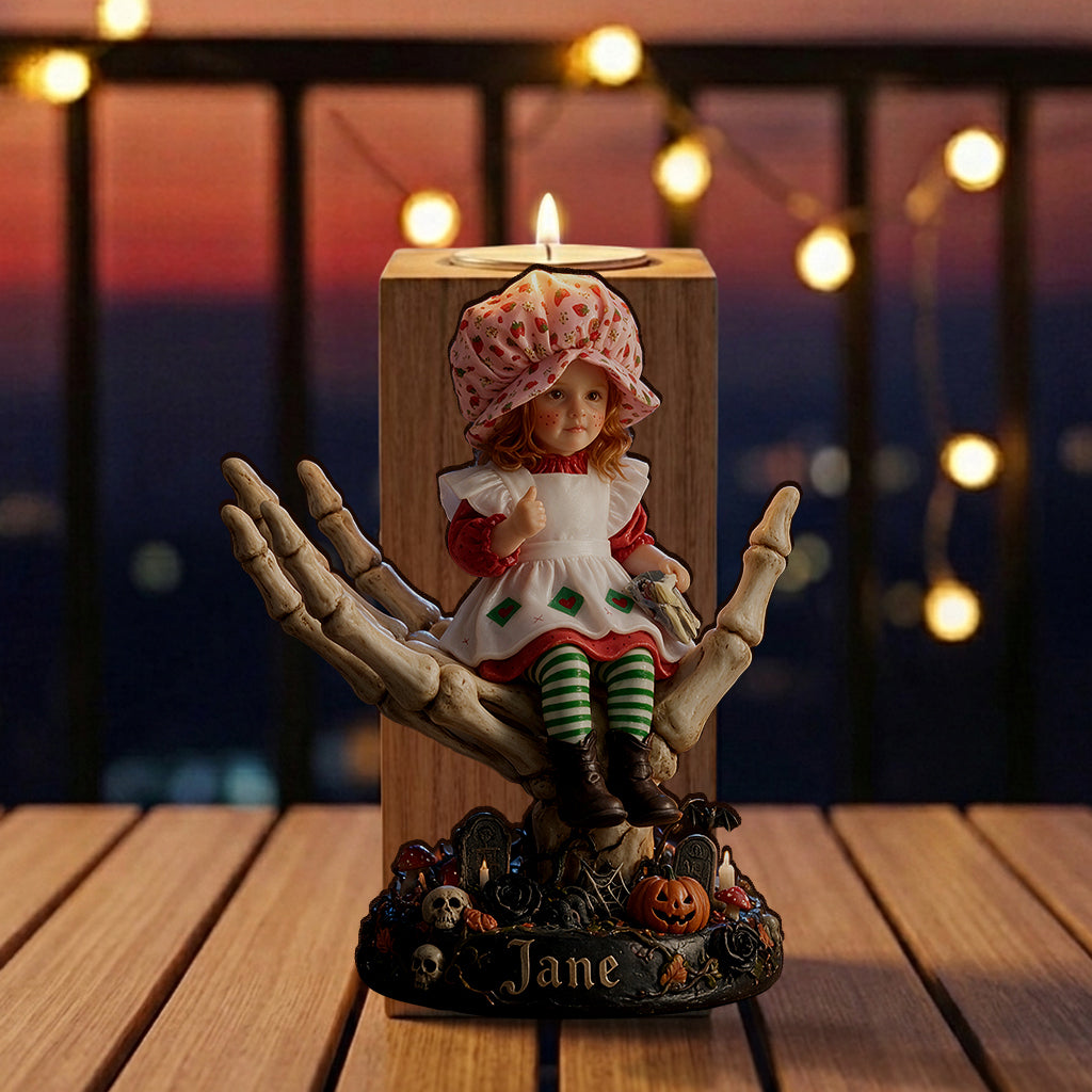 Custom Any Photo, Skeleton Halloween - Personalized Kid Custom Shape Wooden Candle Holder