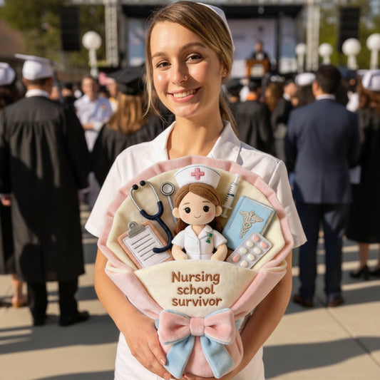 Les soins infirmiers sont un travail de cœur - Bouquet de peluches « Merci » - Coussin en fausse fourrure premium personnalisé pour infirmière