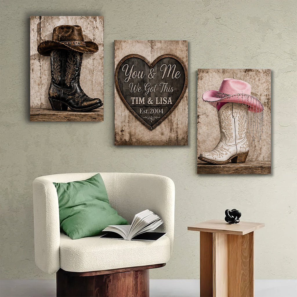 We Got This, Farmhouse Decoration, Cowboy Cowgirl Couple - Personalized Western Outfit Poster & Canvas Set
