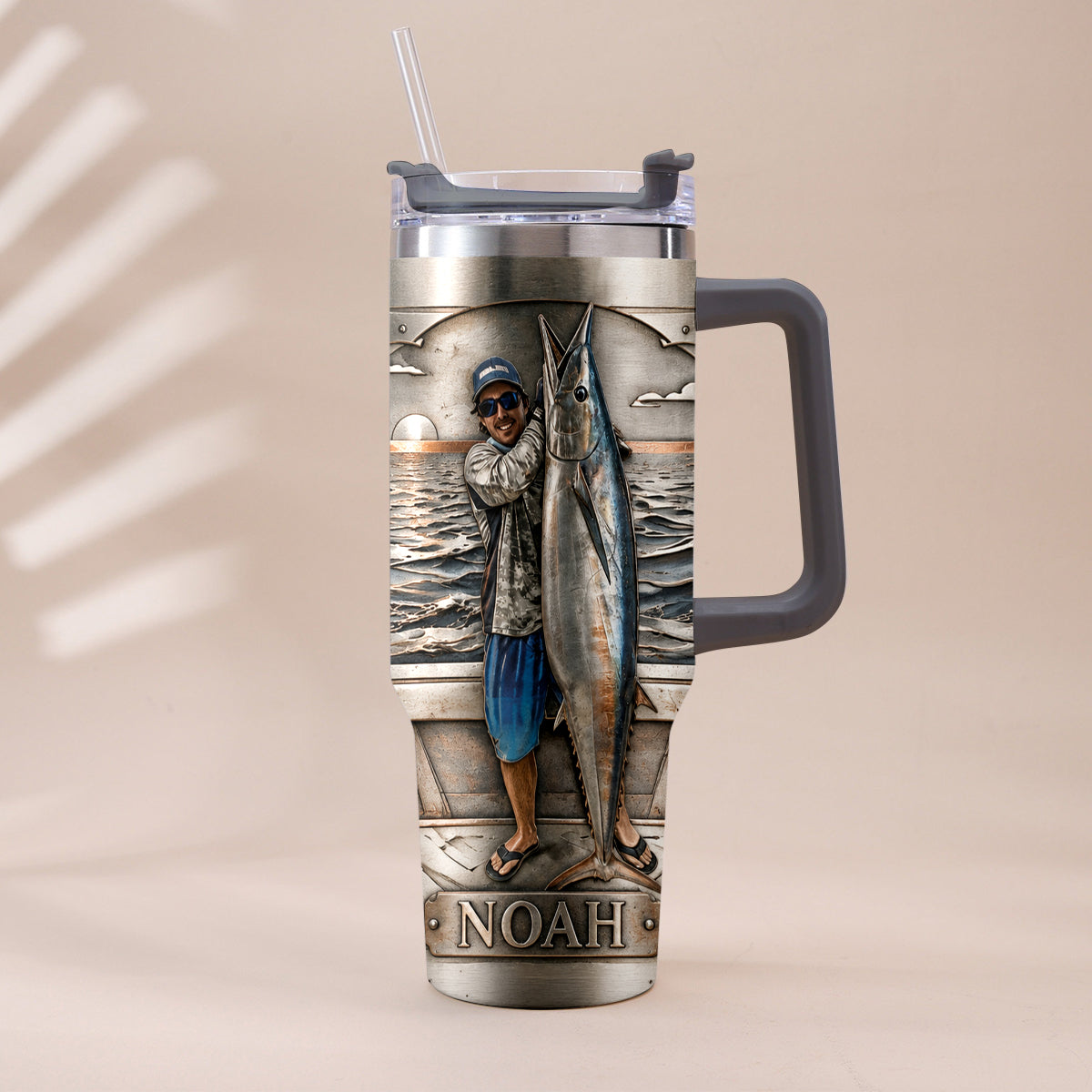 Fisherman With Big Fish - Personalized Fishing Tumbler With Handle