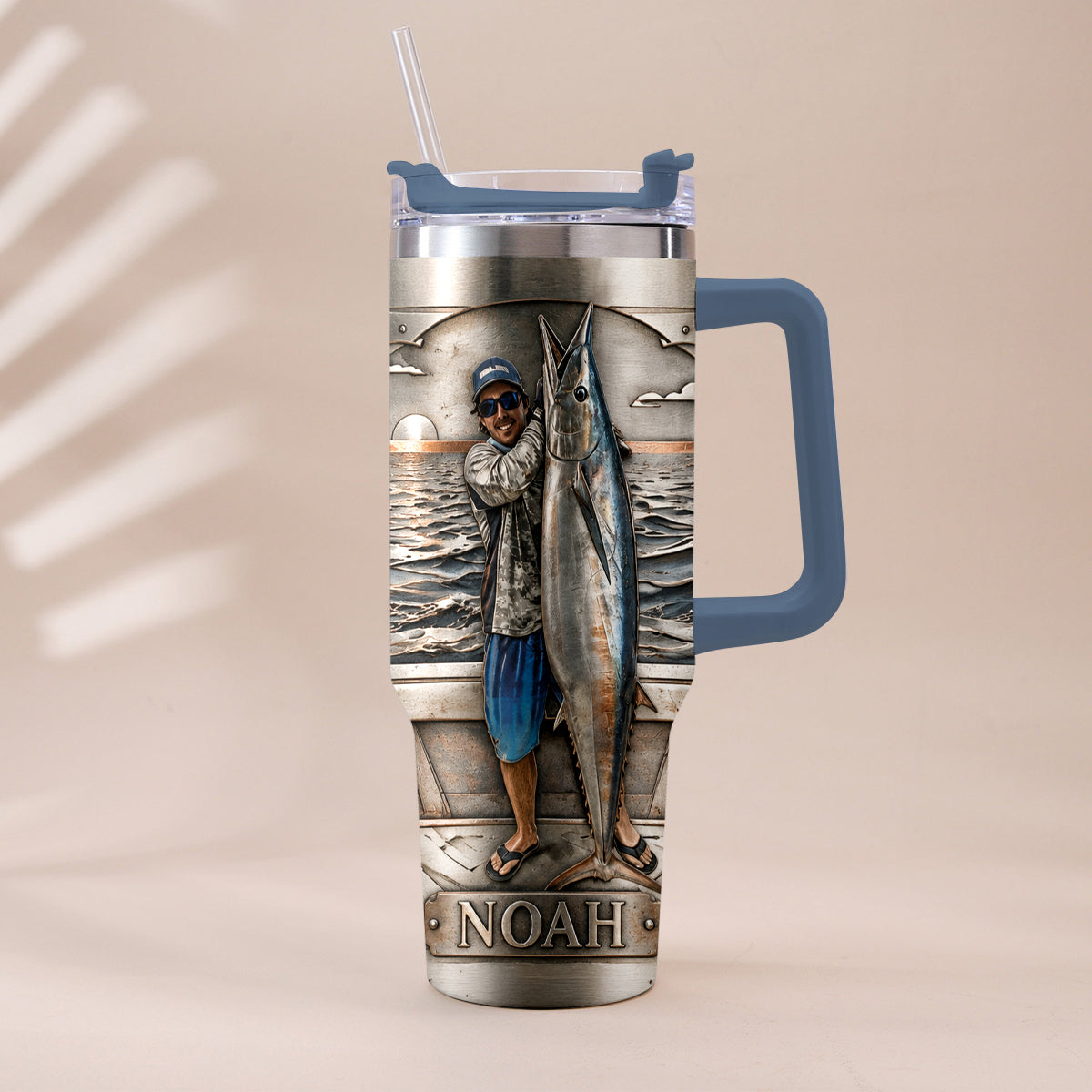 Fisherman With Big Fish - Personalized Fishing Tumbler With Handle