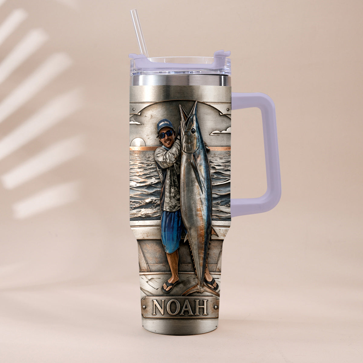 Fisherman With Big Fish - Personalized Fishing Tumbler With Handle
