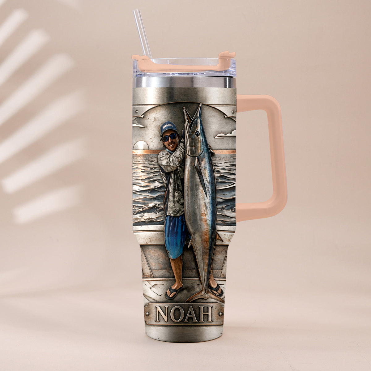 Fisherman With Big Fish - Personalized Fishing Tumbler With Handle
