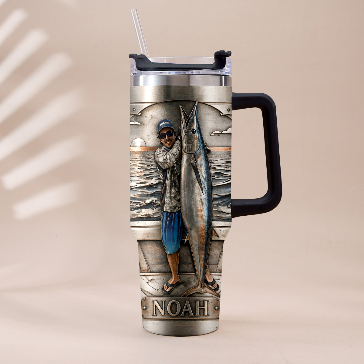 Fisherman With Big Fish - Personalized Fishing Tumbler With Handle