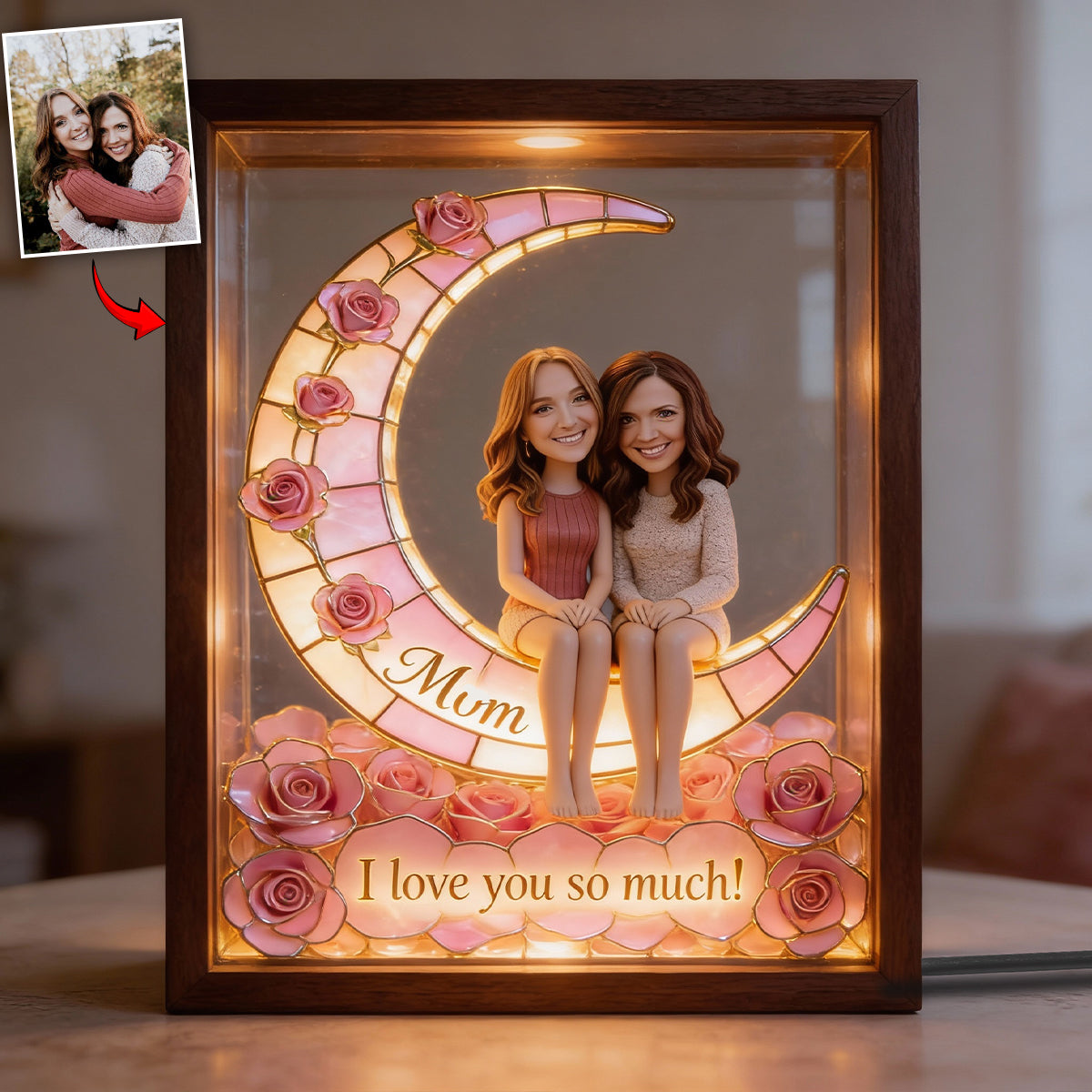 Personalisierter Fotorahmen mit LED-Beleuchtung – „Liebe Mama, Oma bis zum Mond“