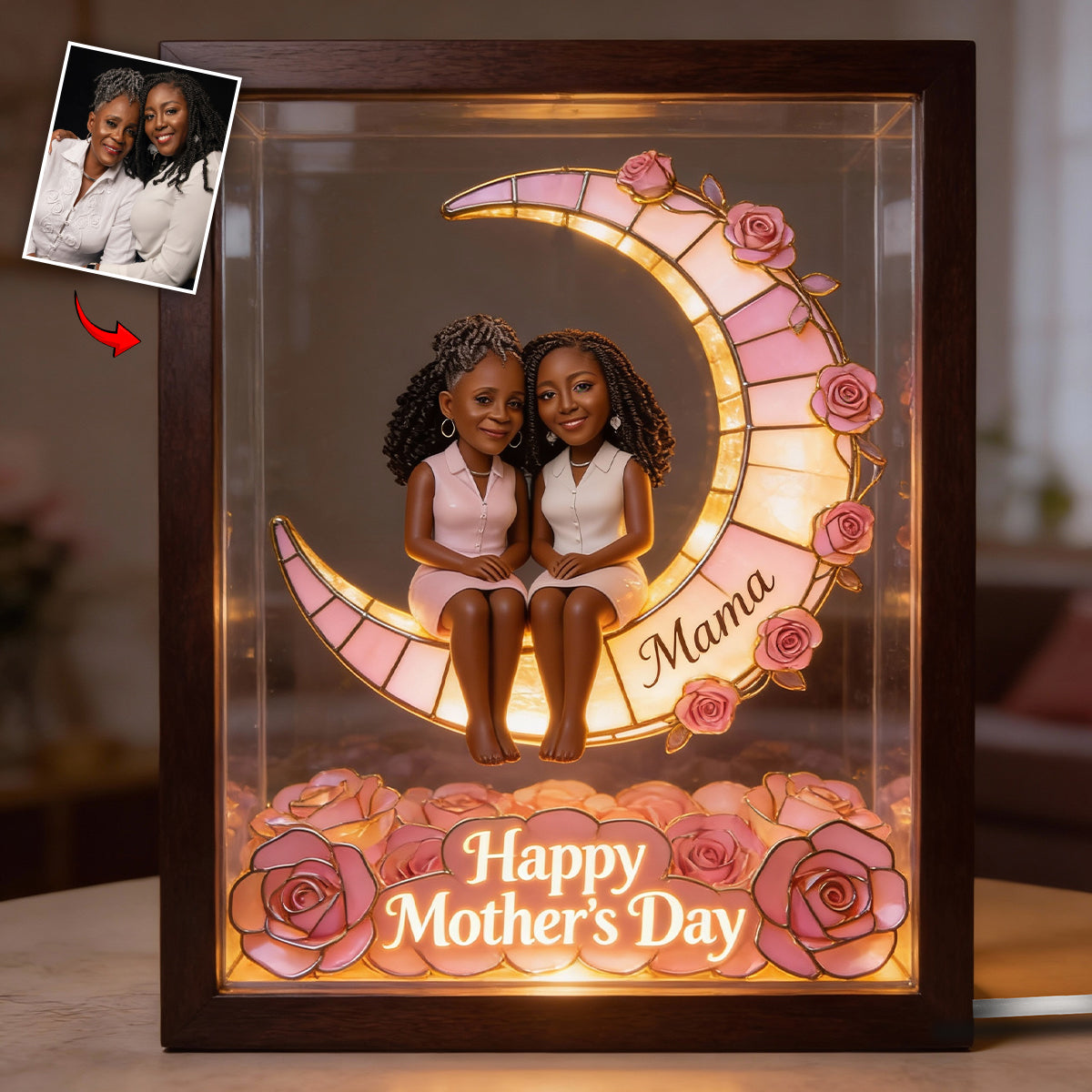 Personalisierter Fotorahmen mit LED-Beleuchtung – „Liebe Mama, Oma bis zum Mond“