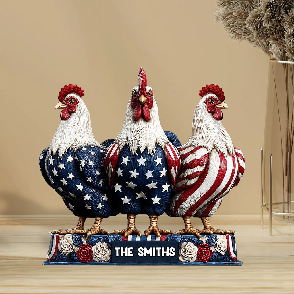 Patriotisches Huhn – Personalisierte Acrylplakette in Hühnerform