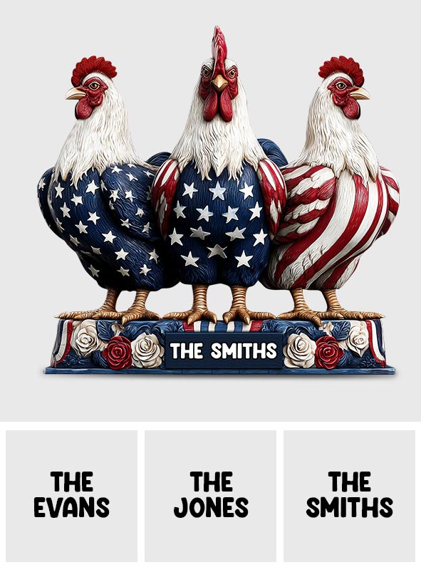 Patriotisches Huhn – Personalisierte Acrylplakette in Hühnerform