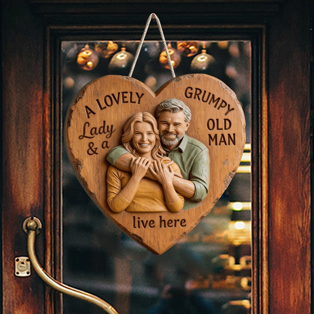 Family Couple A Lovely Lady And A Grumpy Old Man Live Here - Personalized Couple Custom Shaped Wood Sign