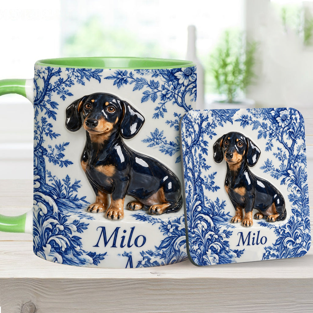 Pet Photo Blue and White Toile de Jouy - Personalized Dog Accent Mug & Coaster