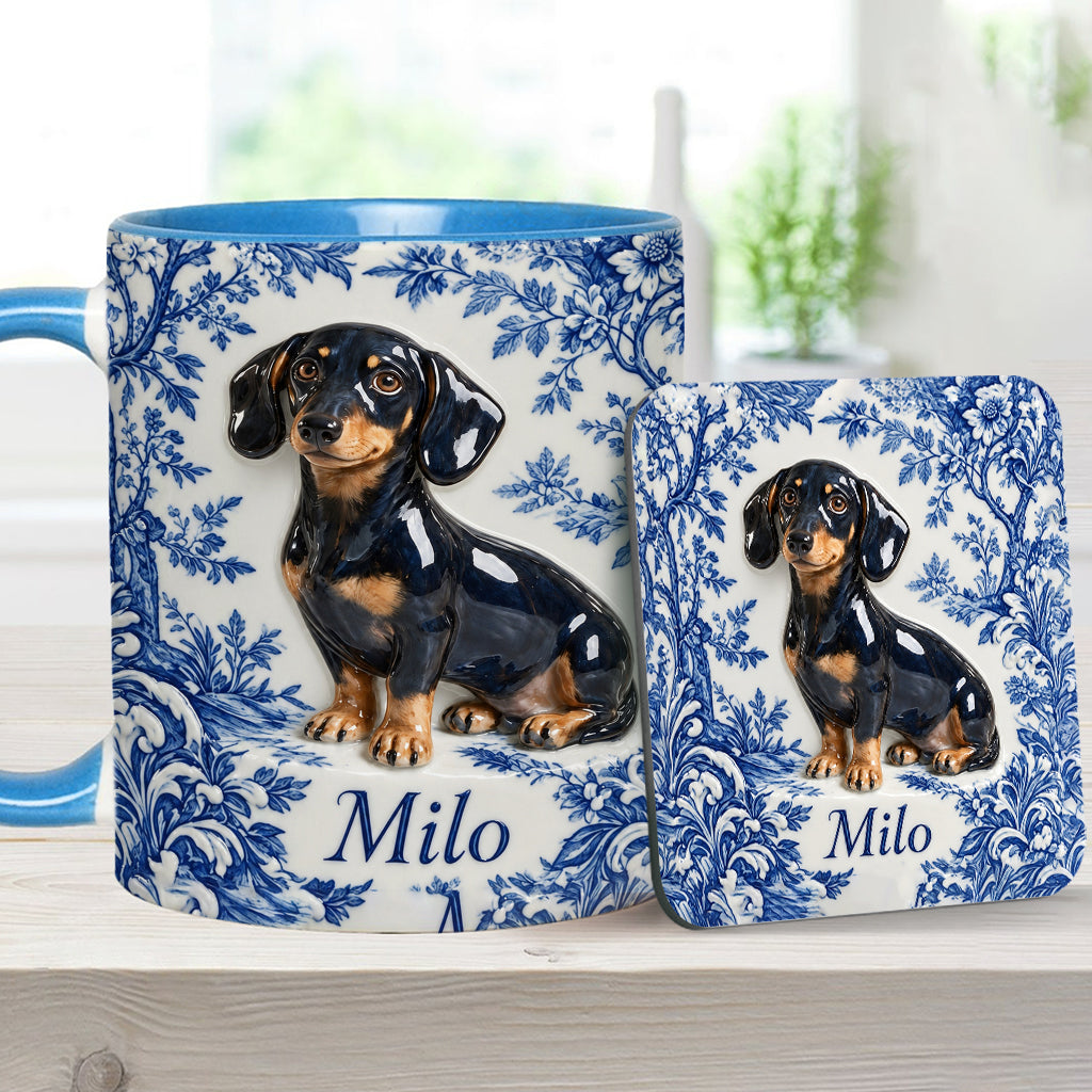 Pet Photo Blue and White Toile de Jouy - Personalized Dog Accent Mug & Coaster