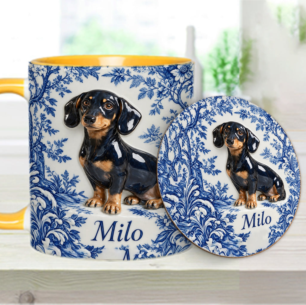 Pet Photo Blue and White Toile de Jouy - Personalized Dog Accent Mug & Coaster