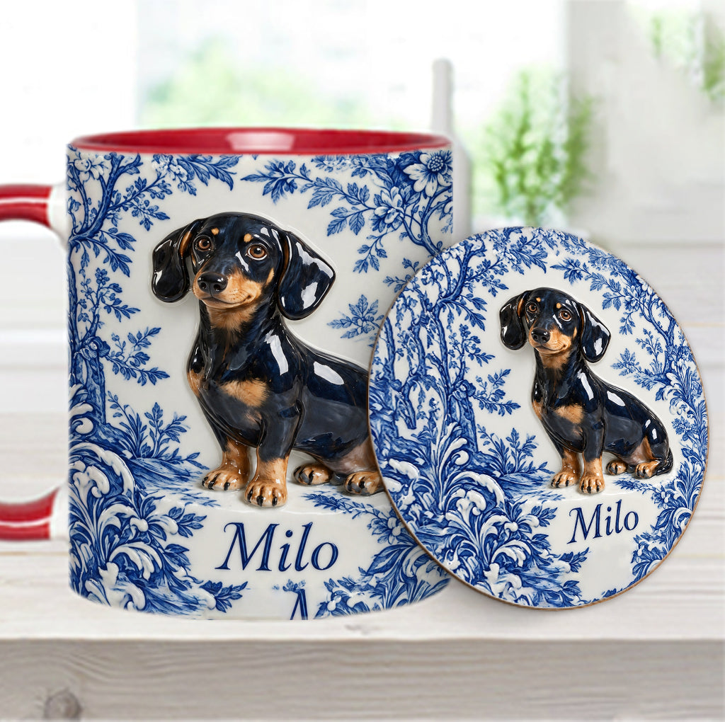 Pet Photo Blue and White Toile de Jouy - Personalized Dog Accent Mug & Coaster