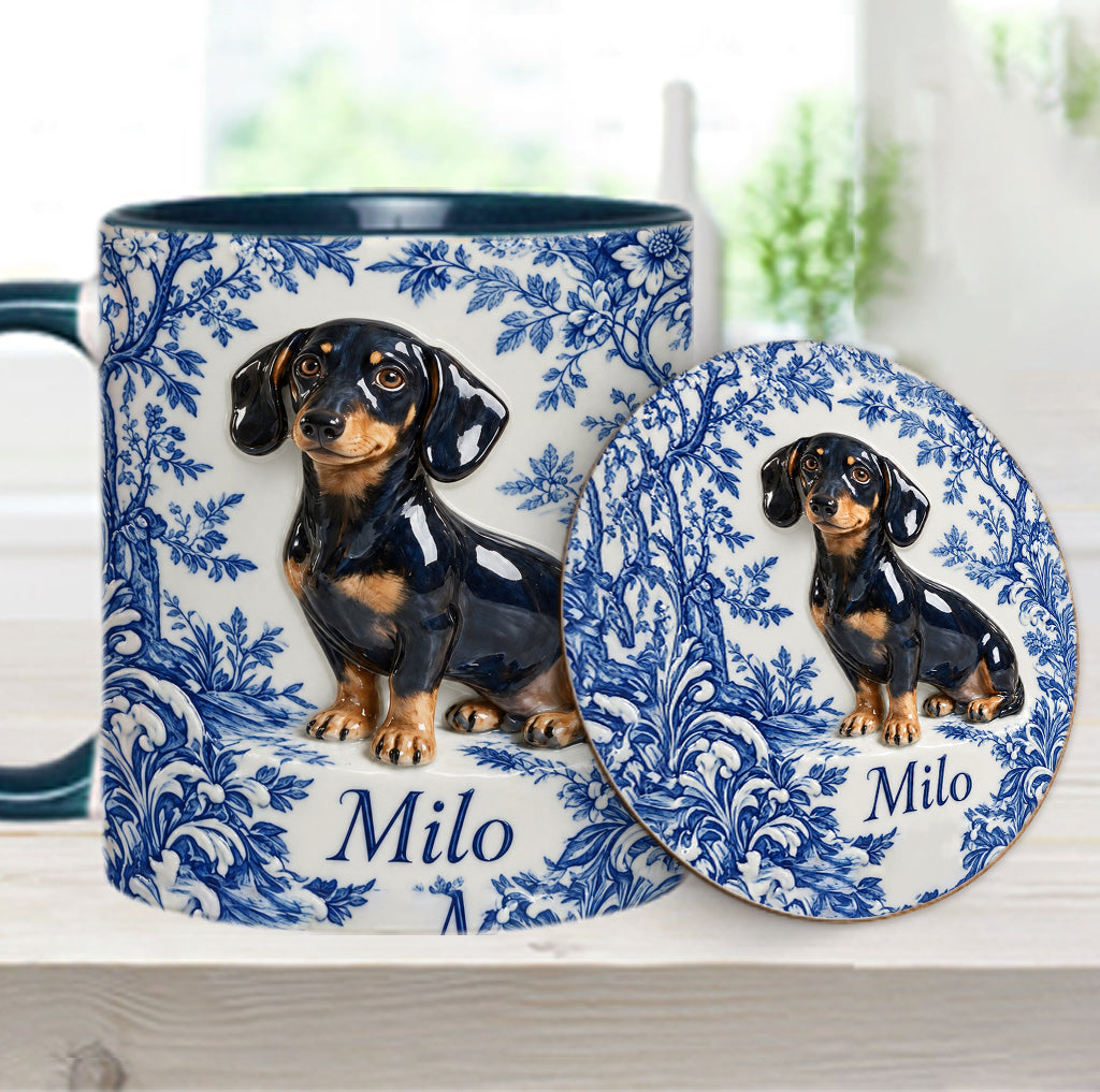 Pet Photo Blue and White Toile de Jouy - Personalized Dog Accent Mug & Coaster