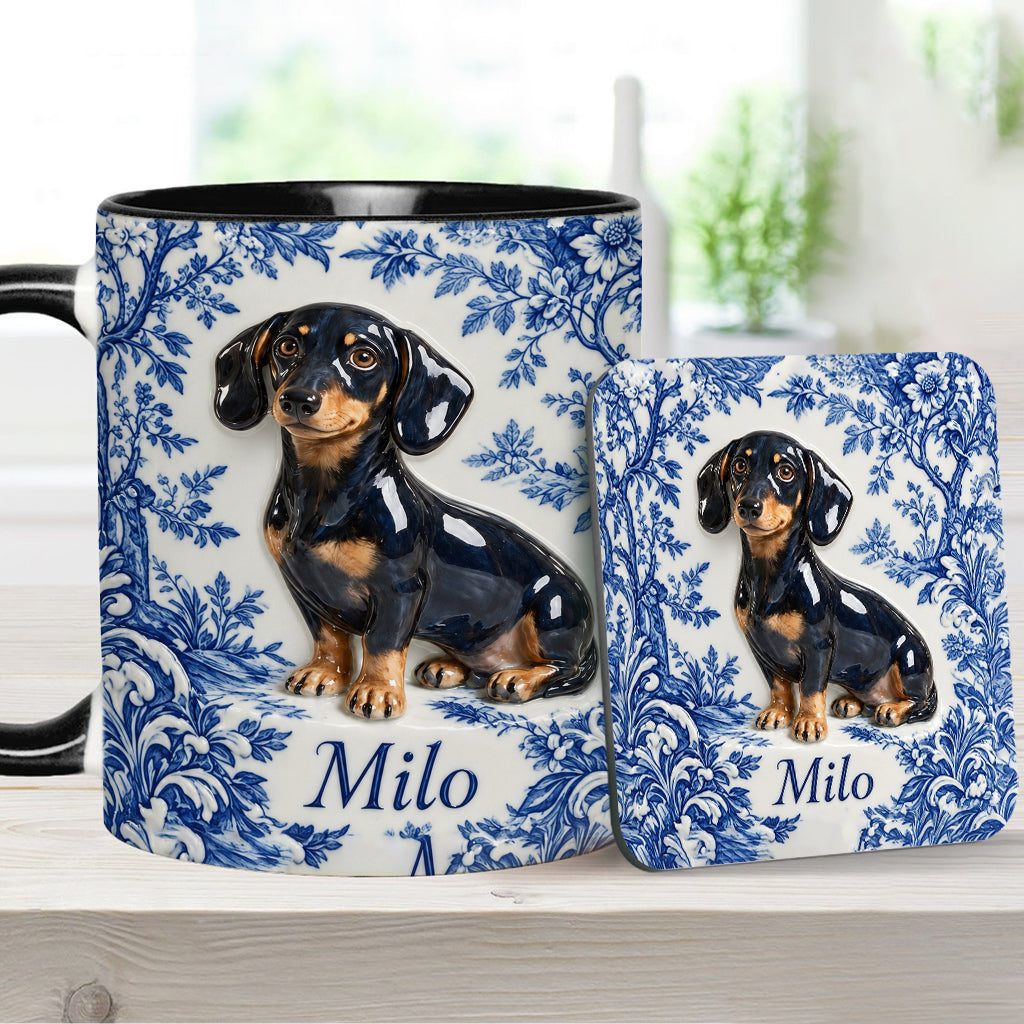 Pet Photo Blue and White Toile de Jouy - Personalized Dog Accent Mug & Coaster