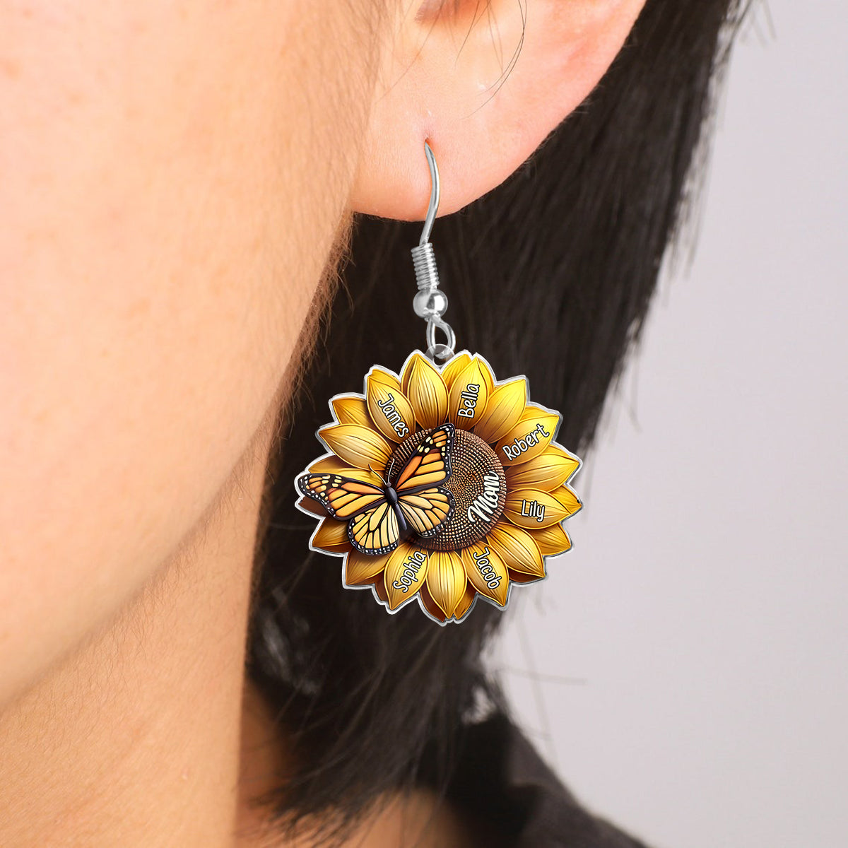Sunflower Gift For Mom Grandma - Personalized Mother Earrings