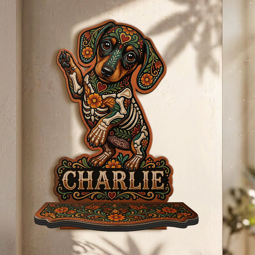 Pet Portrait Day Of The Dead Mexican Hispanic Style - Personalized Dog Wooden Floating Shelf