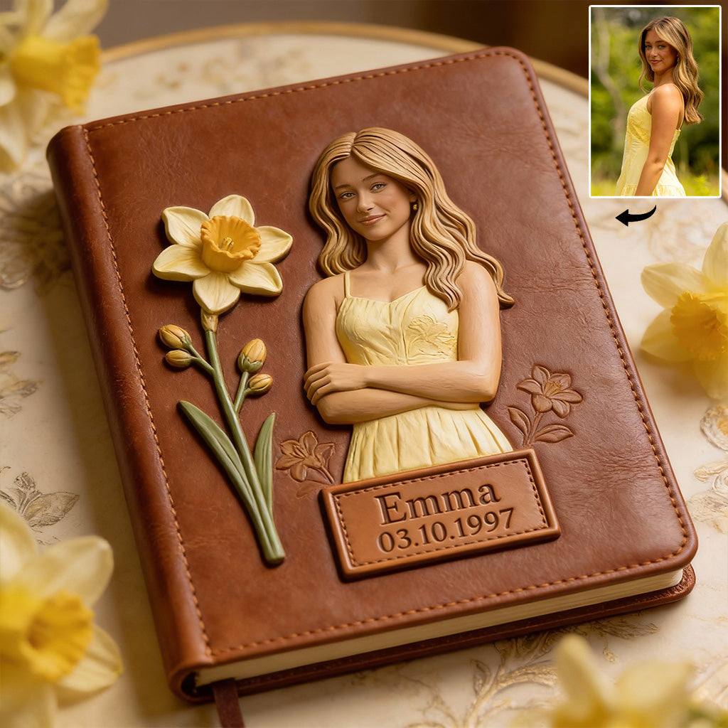 Journal en cuir personnalisé avec photo et fleur de naissance - Carnet de notes en cuir pour s'aimer soi-même