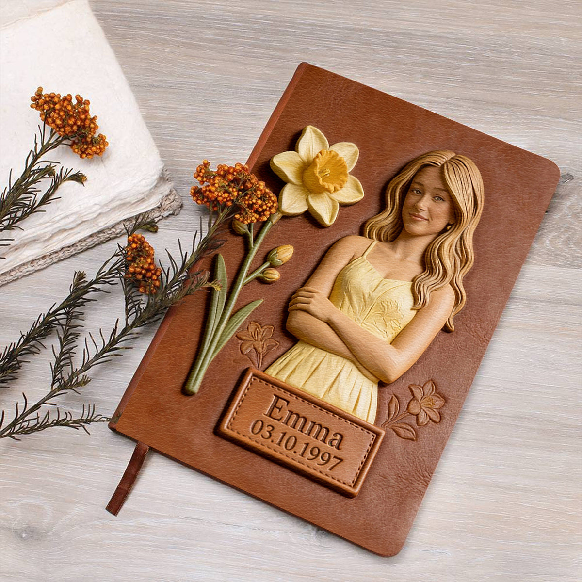 Journal en cuir personnalisé avec photo et fleur de naissance - Carnet de notes en cuir pour s'aimer soi-même
