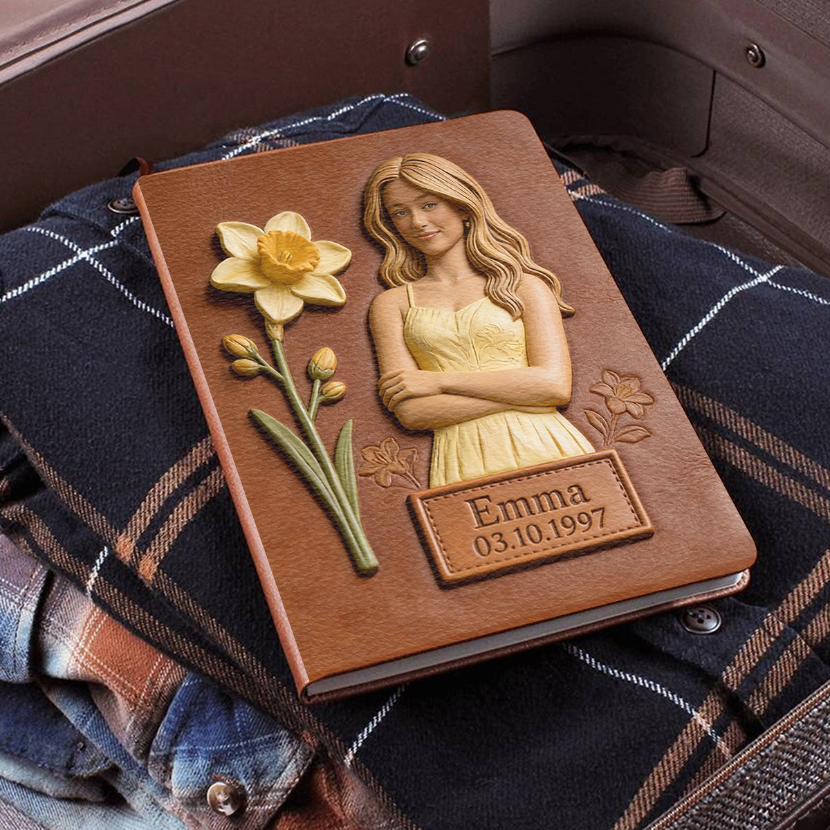 Journal en cuir personnalisé avec photo et fleur de naissance - Carnet de notes en cuir pour s'aimer soi-même