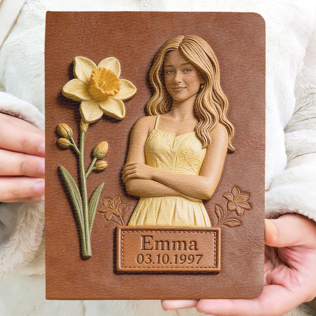 Journal en cuir personnalisé avec photo et fleur de naissance - Carnet de notes en cuir pour s'aimer soi-même