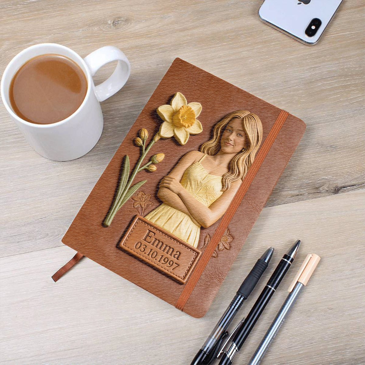 Journal en cuir personnalisé avec photo et fleur de naissance - Carnet de notes en cuir pour s'aimer soi-même
