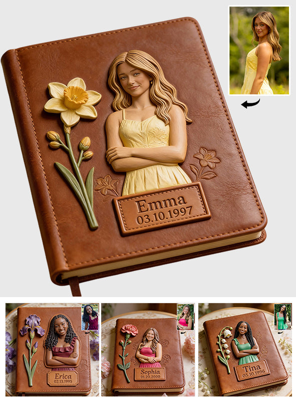 Journal en cuir personnalisé avec photo et fleur de naissance - Carnet de notes en cuir pour s'aimer soi-même
