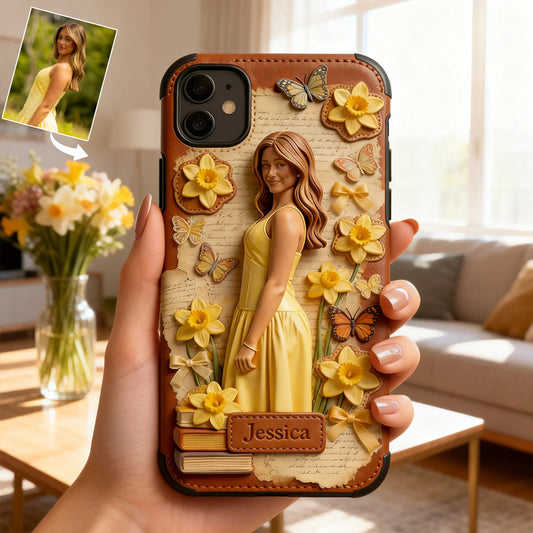 Individuell gestaltbare Handyhülle aus Leder mit Geburtsblume und Geburtsblume – ganz nach Ihrem Foto!