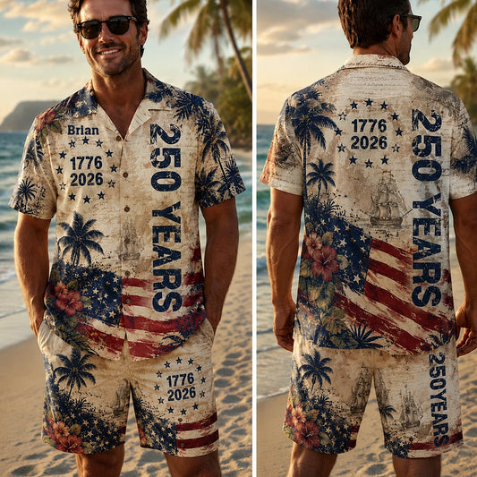 250 Jahre Vintage US Unabhängigkeitstag Aloha Hemd & Hosen Set - Personalisierbares Hemd zum Unabhängigkeitstag/ 4. Juli Hawaiian Shirt & Herren Shorts