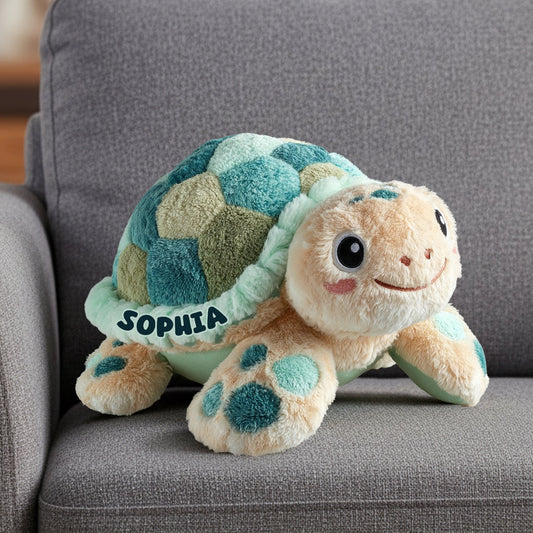 Niedliche Schildkröte – personalisiertes Kissen in Schildkrötenform aus Kunstfell