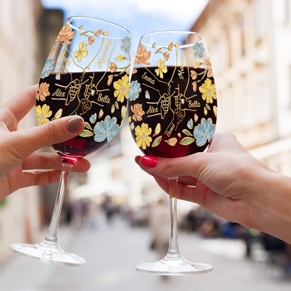 Hand In Hand, The Love Of A Mother And Her Kids - Personalized Mother Wine Glass With Long Stem