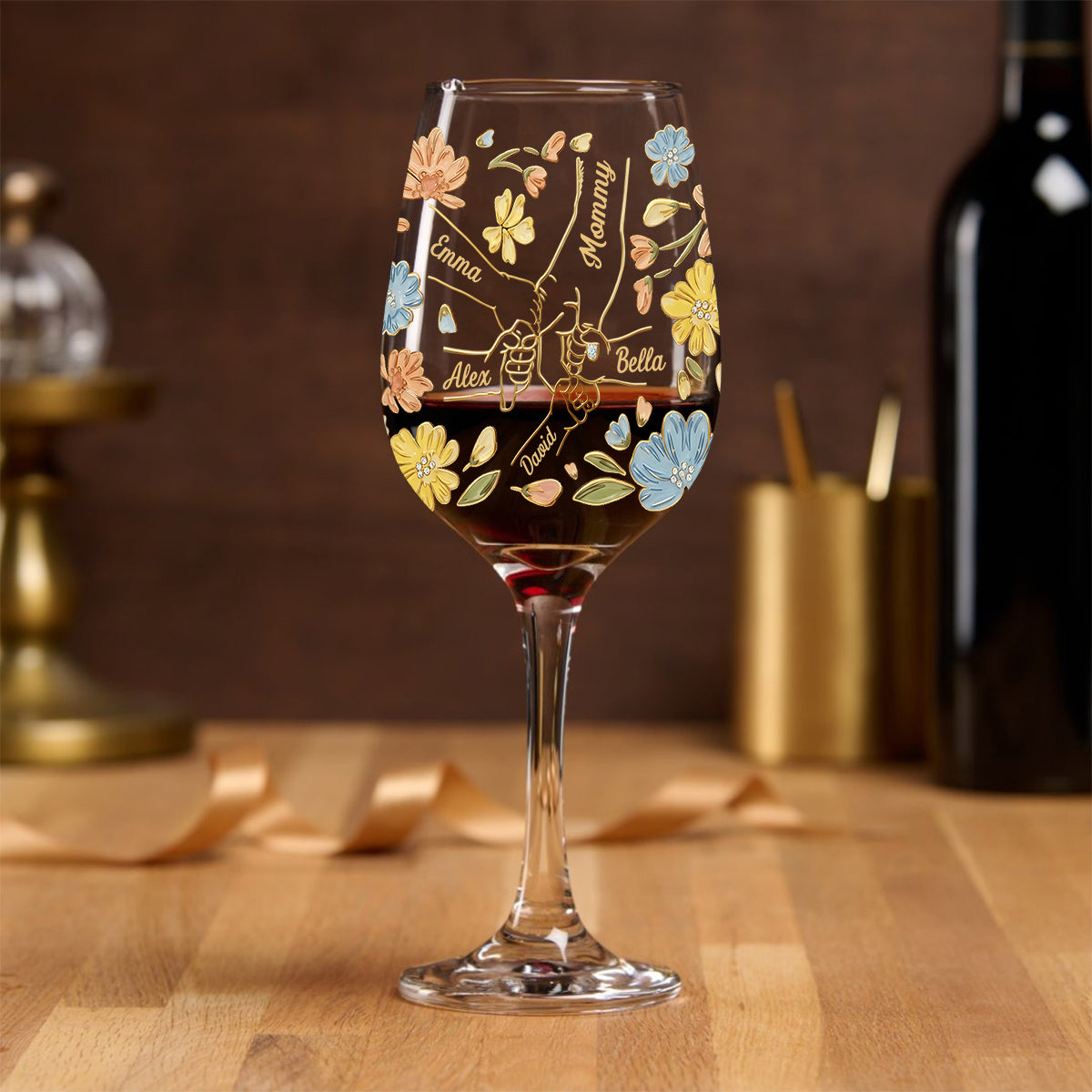 Hand In Hand, The Love Of A Mother And Her Kids - Personalized Mother Wine Glass With Long Stem