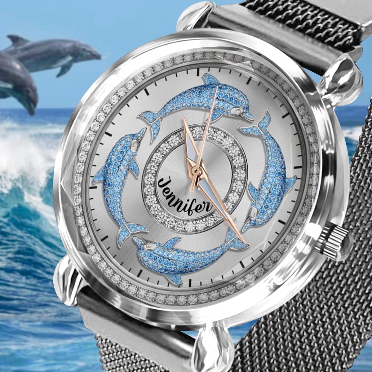 Liebe Delfine – Personalisierte Damen-Handuhr mit Delfinmotiv 